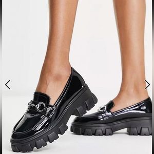 ASOS Glamorous Wide Fit chunky loafers with gold buckle detail in black